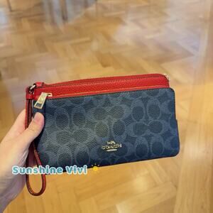 NWT Coach CX161 Double Zip Wallet Signature Canvas Wristlet Denim Bold Red